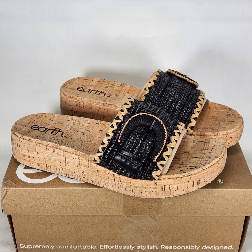 Earth Sandals Women Size 10 Black Woven Raffia Cork Platform Slides ETSAMSY2 - Picture 2 of 7